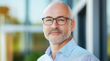 Fototapeta premium Mature businessman with glasses in casual professional attire. Great for executive coaching, leadership consulting, and corporate expertise.