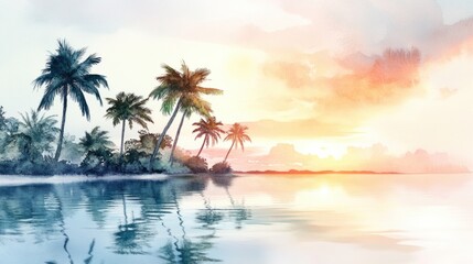 A tropical island scene with watercolor palms and calm, reflective waters under a soft sunrise sky, isolated on white