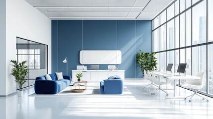 Modern and sleek open-plan office room with blue accents and white furniture in a light-filled setting