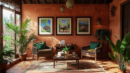 Fototapeta premium Serene Tropical Living Room with Sunlit Artwork