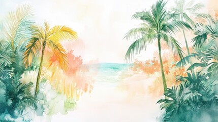 Obraz premium A tropical island watercolor painting with lush palms, sandy beaches, and a soft pastel ocean backdrop, on white