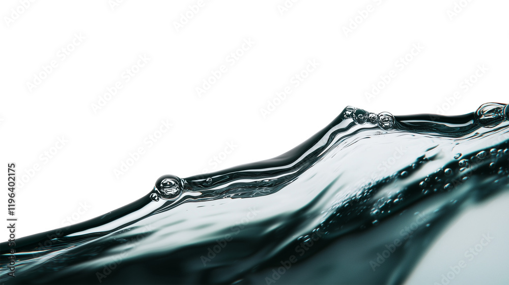 Poster dynamic close up of dark green liquid flowing with bubbles and ripples, creating sense of movement and fluidity. image captures texture and transparency of liquid