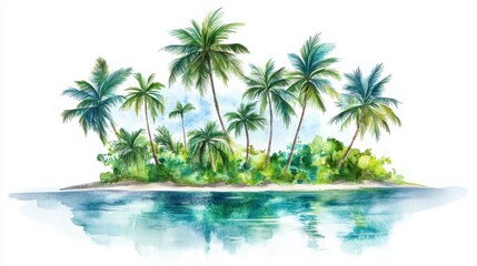 Fototapeta premium A tropical island with vibrant palm trees and a soft watercolor sea, painted in lush greens and blues, isolated on white