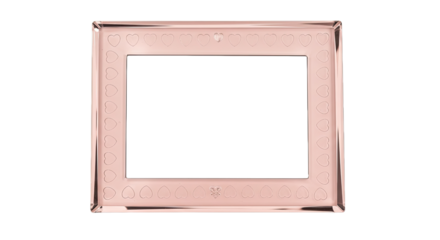 A rectangular photo frame with a beveled glass border tinted in pale pink. Incorporate etched heart patterns around the glass edge for added elegance.