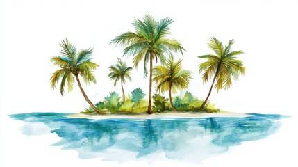 A tropical watercolor island with leaning coconut palms and soft turquoise waters, perfect for a serene vacation theme, on white