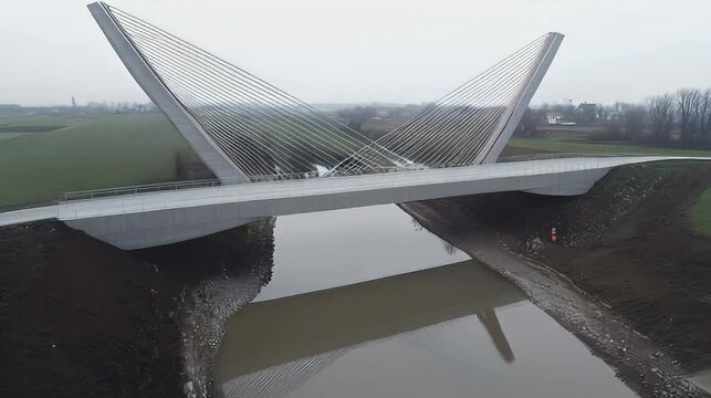 Modern cable-stayed pedestrian bridge over canal, rural landscape, Italy