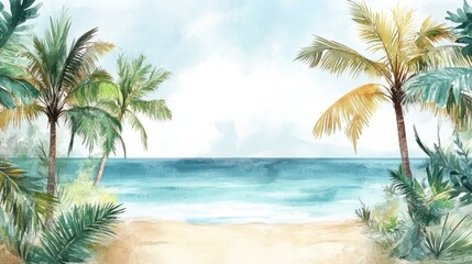 Fototapeta premium A vibrant tropical watercolor scene with tall coconut palms, golden sands, and a peaceful blue ocean, on a clean background