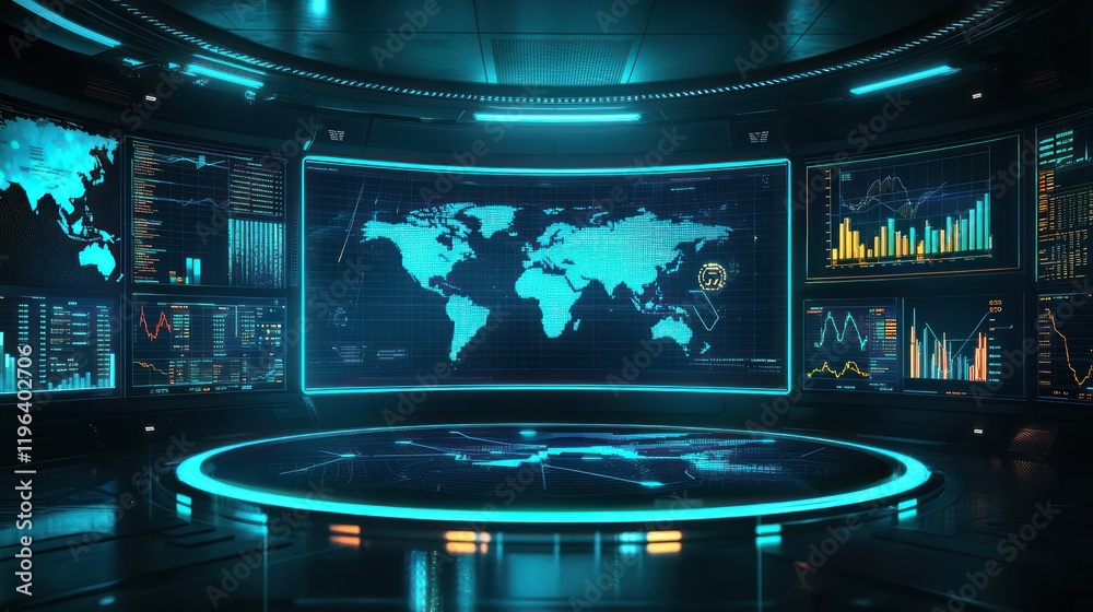 Poster global network monitoring center futuristic control room with interactive displays showing real-time