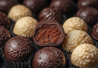 Delicious Assortment of Handcrafted Chocolate Truffles with Rich Filling Displayed on a Dark Background, Perfect for Desserts and Gifts