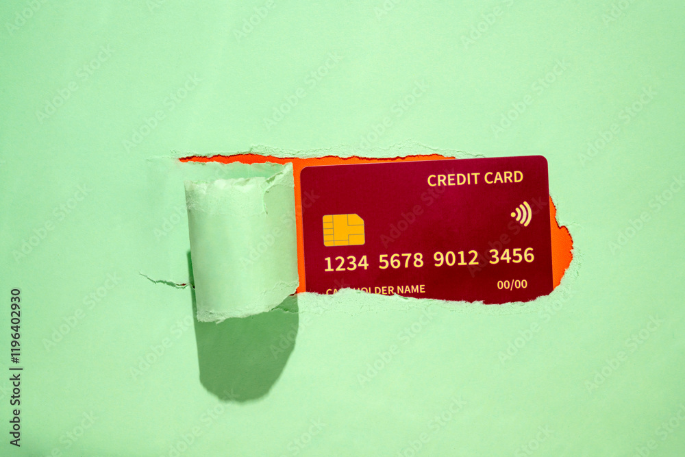 Wall mural Credit card from the hole of ripped paper. Mockup or Copy space. Concept of business, earning, money, or banking