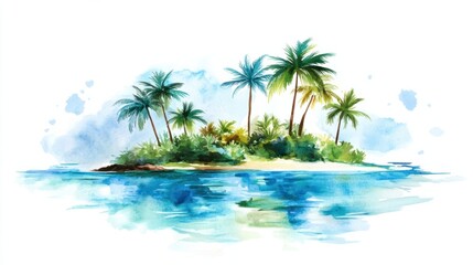 A vibrant watercolor island with leaning palm trees and rippling turquoise waters, showcasing a tropical vibe, isolated on white