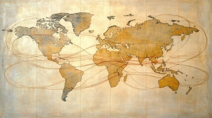 Vintage world map with interconnected lines depicting global connections and trade routes.