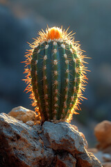 Naklejka premium Golden Sunset Illuminates A Prickly Cactus Plant