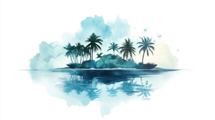 Fototapeta premium A watercolor depiction of an exotic island with coconut palms and a gradient blue sea, radiating tranquility, isolated on white