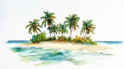 A watercolor illustration of an island with coconut palms, soft sand, and gentle waves, isolated on a clean background