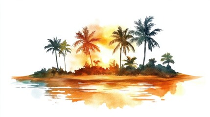 Obraz premium A watercolor landscape of a tropical island with golden beaches and palms under a soft sunset glow, isolated on white