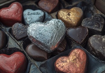 Naklejka premium Delightful Assortment of Gourmet Chocolate Hearts in Various Colors and Textures, Perfect for Celebrations, Gifts, or Romantic Occasions in a Beautiful Presentation