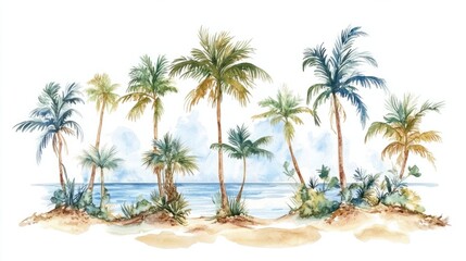 Fototapeta premium A watercolor tropical island scene with tall palms, sandy beaches, and a radiant blue sky, isolated on white