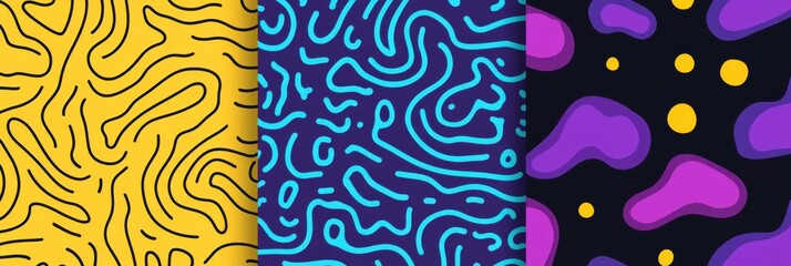 Alluring Seamless Abstract Design Set: Color Backgrounds Adorned with Yellow, Purple and Blue Memphis Dots, Irregular Squiggle Lines and Abstract Shape Textures