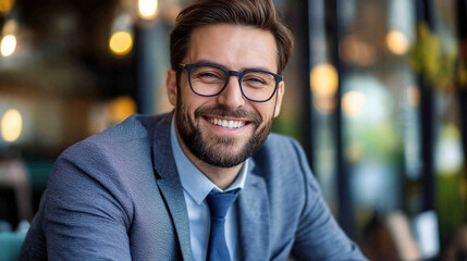 Professional man in suit with glasses and friendly smile. Perfect for consulting services, corporate culture, and modern leadership.