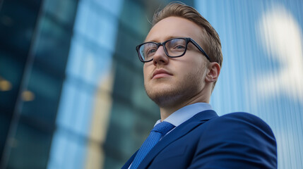 Fototapeta premium Young professional in glasses with confident pose. Perfect for financial services, tech leadership, and modern business.