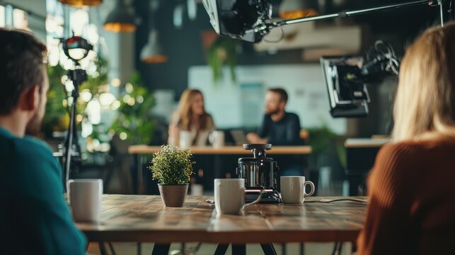 A morning show set with hosts seated at a table, chatting with each other over coffee mugs.