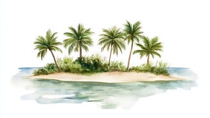 Fototapeta premium A watercolor tropical paradise featuring green palms, a sandy shore, and calm waters under a radiant sky, isolated on white