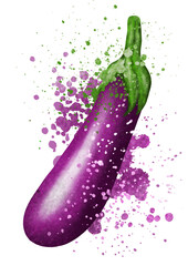 hand drawn purple eggplant with water splash