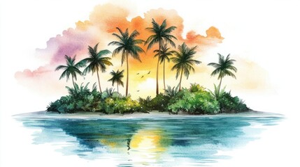 Fototapeta premium A watercolor tropical scene with a lush island, tall palms, and calm ocean waters under a pastel sunset, isolated on white