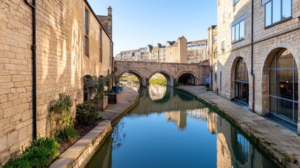 Scenic view of a canal with a stone bridge and reflections.