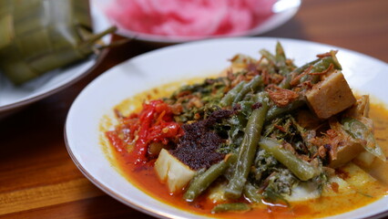 Ketupat Sayur Padang or Vegetable Padang rice cake with jackfruit vegetables, coconut milk sauce, rendang seasoning and crackers. Indonesia food.
