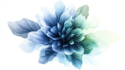 Obraz premium A digital abstract flower with pixelated textures and gradient shades of blue and green, isolated on white