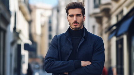 Obraz premium Man in navy coat on European street. Perfect for winter fashion, urban style, and sophisticated menswear.