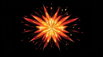 Obraz premium A glowing abstract flower with fiery red and gold petals radiating from the center, isolated on a dark background