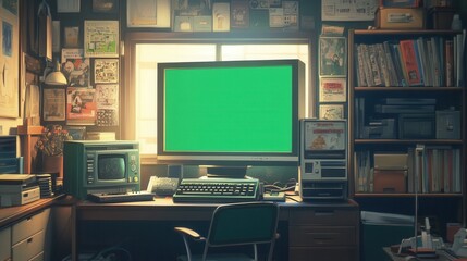 Retro gaming setup, vibrant green screen, nostalgic 80s child's room, anime aesthetic, colorful decor, playful atmosphere