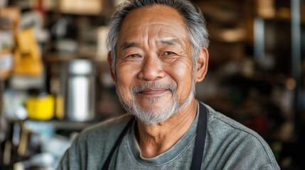 Senior Asian craftsman smiling in workshop. Ideal for artisan stories, traditional crafts, and skilled trades.