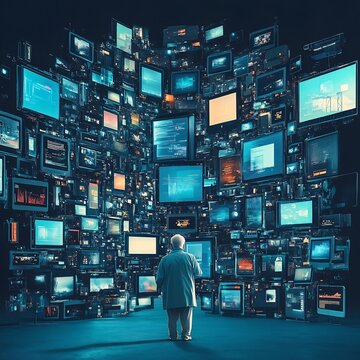 Elderly Individual Overwhelmed by the Technological Age Represented by Towering Digital Devices