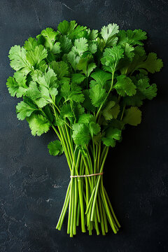A bunch of fresh green cilantro leaves on a dark surface