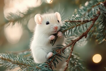 a little white mouse hung on a twig of a Christmas tree
