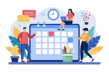 A flat design illustration a team working together around digital calendar working schedule planning concept