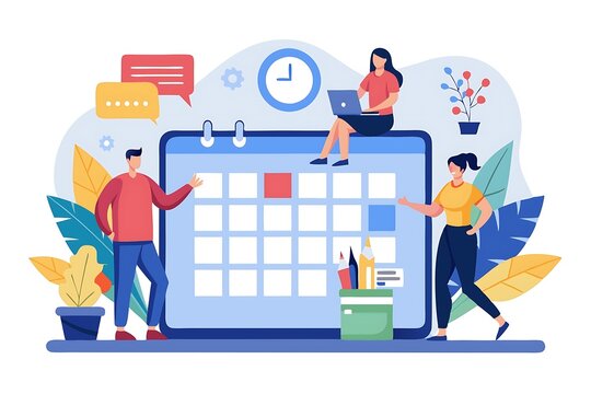 A flat design illustration a team working together around digital calendar working schedule planning concept