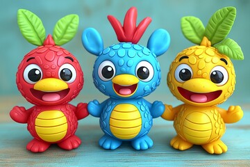 Fototapeta premium Three cheerful cartoon fruit creatures stand together