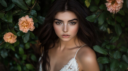 Naklejka premium Woman with dramatic makeup among roses. Great for beauty editorial, fashion photography, and artistic portraits.