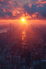 Obraz premium Fiery Sunset Over a Futuristic Cityscape