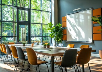 Fototapeta premium Modern Conference Room Featuring a Large Table, Bright Sunlight, and Greenery During a Professional Meeting
