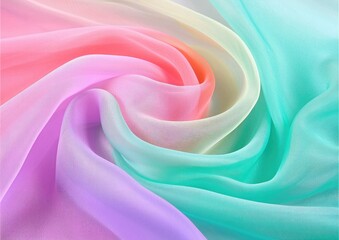 Obraz premium A vibrant, silky fabric with a gradient of pastel colors, showcasing soft folds and a delicate texture.