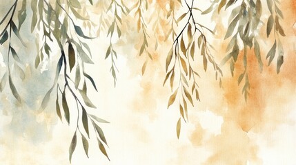 Watercolor painting of weeping branches with olive-toned leaves against a blurred orange and white background.