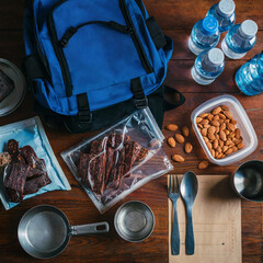Illustration packing backpack for hiking camping or food prep for natural disaster beef jerky nuts water concept