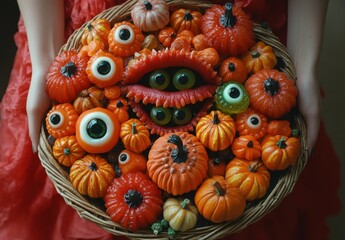 Naklejka premium Vibrant Autumn Basket Filled with Colorful Miniature Pumpkins and Whimsical Decorative Eyes for Festive Fall Decoration and Halloween Celebration