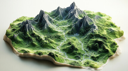 Obraz premium A detailed 3D rendered map model with mountain peaks and valleys